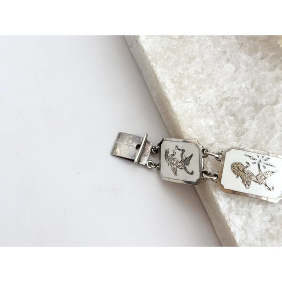 Siam Sterling Silver White Rectangular Paneled Thai 1930's 925 Vintage Bracelet - Picture 9 of 9